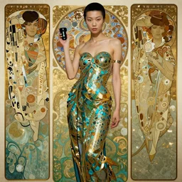 art nouveau bald asian female cyberpunk, model pose, by alphonse mucha and gustav klimt