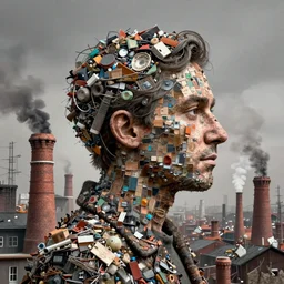 a profile portrait of a man made of chimneys and trash and pollution, character portrait, facing right!!!, ultra realistic, wide angle, intricate details, highly detailed by peter mohrbacher, hajime sorayama, wayne barlowe, boris vallejo, aaron horkey, gaston bussiere, craig mullins