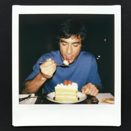 a polaroid from 1971 of chuck norris eating cake.