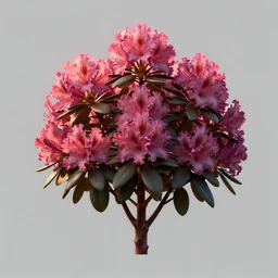 an isolated rhododendron azalea plant, full view, centered, cinematic rim lighting, high poly 3 d render, art nouveau dark outlines, ultra realistic, masked transparent flat background, popular on sketchfab, pixelsquid, unreal engine, 8 k, volumetric lighting, super focused, no blur, trending on artstation, octane render, ultra detailed, hyperrealistic, by james gurney, greg rutkowski and alphonse mucha
