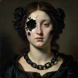 hyperrealism close - up mythological portrait of a beautiful medieval woman's shattered face blended with black flowers in style of classicism mixed with old painting, black massive chains around the neck, pale skin, ivory make up, wearing black silk robe, dark and dull palette