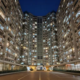 hong kong apartment complex courtyard at night, photography