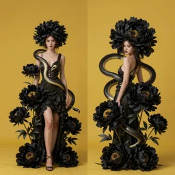 beautiful yellow woman, symmetrical portrait, realistic, full body, black peonies, snake twist, rich details, by wlop
