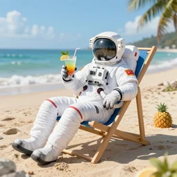 astronaut in a space suit lounging on a beach chair at the beach having pina colada, digital art, high detail, 3D render, octane studio, 8K