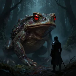 digital painting of a giant evil monstrous slimy toad in the dark forest facing off against the silhouette of a knight, glowing red eyes, slimy toads, dark night, midnight, foggy, atmospheric, highly detailed, hyperrealistic, gothic horror, trending on artstation, gross, pan's labyrinth, digital art, dark fantasy, by a creature artist