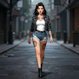 tattooed pinup girl samara weaving wearing a jacket and ripped shorts walking in a dark street, character sheet, character design,, contrast, deep focus, turnaround, highly detailed, dramatic lighting, digital painting, artstation, concept art, matte, sharp focus, illustration, elegant, art by artgerm and greg rutkowski and alphonse mucha.