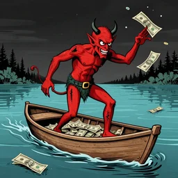 the devil guiding a boat on a lake of money, moody, glitch art, by jean - michel basquiat