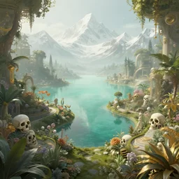 a retrofuturistic style artwork of a paradise garden, a land of the dead, divine, hazy, volumetric lighting, snowy summits in the background, vast turquoise lake, lush flora, empty, spacetime bending, very detailed, serene, gold accents, washed out colors, beautiful artwork, master level composition, raytracing