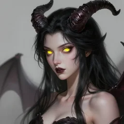 portrait of female succubus with black hair and glowing yellow eyes and horns, dnd, fantasy, intricate, elegant, highly detailed, digital painting, artstation, concept art, smooth, sharp focus, illustration, art by narcisse navarre