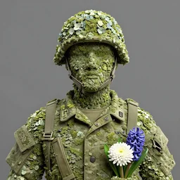 handmade character portrait of an american soldier covered in amaratyllis, hydrangea, chrysanthemum and hyacinth, in the style of artgerm and enki bilal and bastien lecouffe - deharme, wlop, line art, watercolor, cinematic lighting, hyperdetailed, hyperrealistic