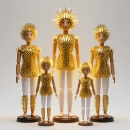 realistic photo of a family of human full - height model wooden realistic dolls, wearing white tights, covered with long brass spikes needles, golden aura glow, center straight composition, seamless, front view 2 0 0 0, life magazine photo, museum archival photo
