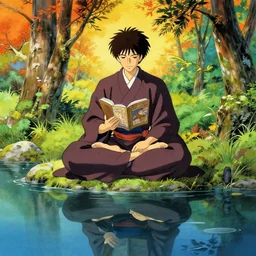 samurai meditating by a serene reflection pool, feudal japan, vivid complementary colors, beautiful linework, octane render, professional concept art by jonathan hickman, miyamoto mushashi, ghibli, alphonse mucha, reads, ross tran, rutkowski, grenier, octane render, marvel, dc, dnd