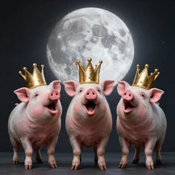 studio photograph of a three pigs wearing a gold crowns depicted as a muppets howling at the moon