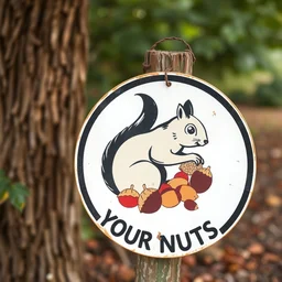 a sign that says : protect your nuts. with a depiction of a squirrel hoarding acorns