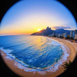 vibrant digital art beach city sunset blue waves mountain fisheye lens