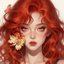 face portrait of a beautiful anime girl with red wavy hair and flowers around her face, digital painting, trending on artstation and deviantart, epic composition, vibrant, highly detailed, ross draws, wlop, 8 k