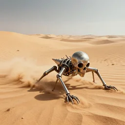 a metal endoskeleton crawling through and endless desert,digital art,ultra realistic,ultra detailed,art by greg rutkowski,eerie