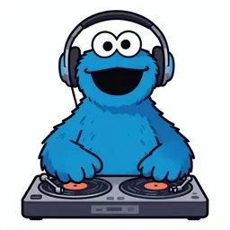 Sesame Street Cookie Monster, Headphones, Disc-Jockeying, DJ, spinning records, Psychedelic, Cyberpunk, svg digital art, full body, from a slight distance