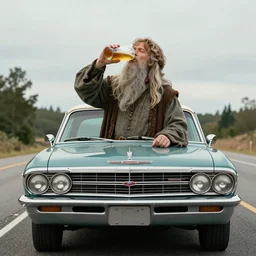drunk gandalf drinking beer with frodo in an old chevrolet on the american highway