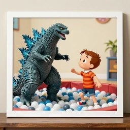 calvin and hobbes fighting godzilla in a ballpit, high resolution, 4k, print