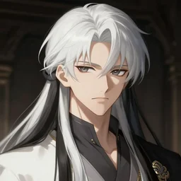 portrait of rimuru tempest hunter hunter, male, thin pursed lips, sharp jaw white hair soft hair swept back dark medium length hair, anime, fantasy, intricate, elegant, highly detailed, digital painting, artstation sharp focus, hunterpedia madonna art by artgerm and ruan jia and ross tran