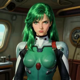 intense demeanor. close portrait. ship interior bg. screenshot of a scene in metroid zero of pretty beautiful woman painted by norman rockwell. character designed by hideaki anno. bodysuit. lustrous green hair. digital. lighting by james gurney. trending on artstation. masterpiece. artgerm mucha rutkowski.