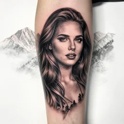 double exposure tattoo design sketch of isabelledeltore with beautiful mountain scenery, realism tattoo, in the style of matteo pasqualin, amazing detail, sharp
