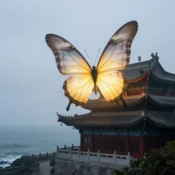 on a foggy morning, cloudy day, a giant glowing butterfly inhabits an ancient chinese building above the ocean, by craig mullins