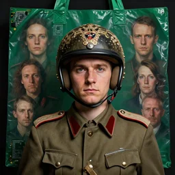 portrait of a cute third reich soldier in ornate motorcycle dirt helmet, background green plastic bag, circuitboard, multiple exposure, ridley scott mood, rich deep colors, ultra detail, by francis bacon, james ginn, petra courtright, jenny saville, gerhard richter, zdzisaw beksinsk, takato yamamoto. masterpiece,, hyperrealism, studio ighting, 3