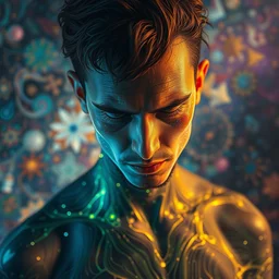 stunning person suffering from jpeg compression, 4 8 0 p, exposed nvidia gtx 5 6 0 circuitry, psychedelic backdrop, high detail, oil on canvas, greg rutkowksi, octane render, ray tracing, abstract composition, trending on artstation,