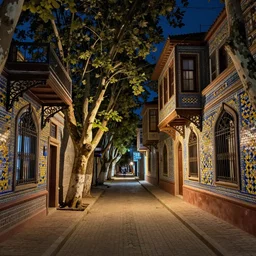 tree-lined street at midnight in a very old very beautiful city by  Nicholas Roerich and  Annie Swynnerton, ornate wrought iron, strong dramatic cinematic lighting , colorful tiled architecture, lost civilizations, smooth, sharp focus, extremely detailed