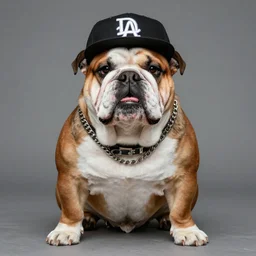 a hyperrealistic portrait of an english bulldog as a gangster wearing hip hop clothes, streetwear, divorced