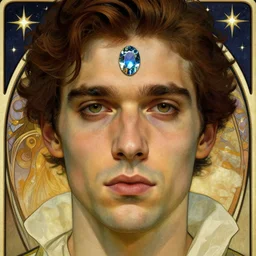 close up portrait, man with a gem embeded in his forehead,, stars and night background, ornate alphonse mucha, rhads, ross tran, artstation, artgerm, octane render, 1 6 k