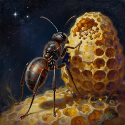 A painting of an anthropomorphic ant queen standing on her hind legs, with a starry background behind hive formian pathfinder,  digital art 4k unsettling,  Wayne Barlowe Greg Rutkowski