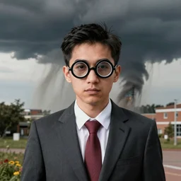 a tornado in a suit and tie. wearing a pair of joke glasses.