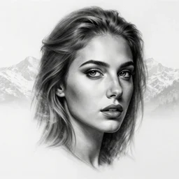tattoo design sketch of an extremely beautiful woman face with a faded background of beautiful mountains on her side, hyper - realistic, double exposure effect, in the style of matteo pasqualin, amazing detail, black and white, faded