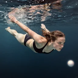 portrait of a young woman swimming in space, ( ( karolis strautniekas ) ), detailed, perspective composition, shaded, matte print, high contrast, gradients, dynamic pose