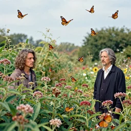 a bunch of swirling monarch butterflies flying around milkweed in a garden glenn brown, tsutomu nihei, hans ruedi giger, zdzisław beksinski