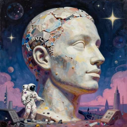 the ego separates, hyperrealistic surrealism, dreamscape, happy, uplifting, positive vibes, david friedrich, award winning masterpiece with incredible details, zhang kechun, a surreal vaporwave vaporwave vaporwave vaporwave vaporwave painting by thomas cole of a gigantic broken mannequin head sculpture in ruins, astronaut lost in liminal space, highly detailed, trending on artstation