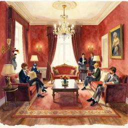 large centered on watercolor paper, paint brush strokes, abstract watercolor painting of richly furnished master suite hotel room, cinematic light, national romanticism by hans dahl, by jesper ejsing, by anders zorn, by greg rutkowski, by greg manchess, by tyler edlin