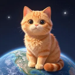 A fuzzy orange cat. Sitting on planet earth. digital painting, in the style of Pixar