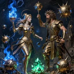 the female arcanist and the male artificer by albert bierstadt and gerald brom and zdzisław beksinski and james gilleard, highly detailed, hyperrealistic, intricate, floating metallic objects, energy, electricity, blue flames, low light, glowing green crystals, high contrast