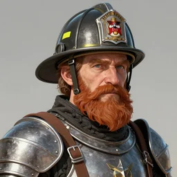An old man with a ginger beard, wearing medieval knights armour and a fire fighters helmet, highly detailed, digital art, sharp focus, trending on art station, anime art style