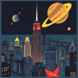 new york city in space, art deco style, poster,