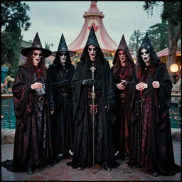 dramatic color photo of dadcore occult wizards on vacation at marineland canada by basil wolverton by robert crumb by william eggleston by annie leibovitz, detailed and creepy, fujifilm velvia 5 0, color photography, sigma 2 8 mm