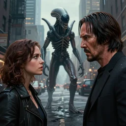 an angry john wick facing a giger alien in the city streets, raymond swanland and magali villeneuve detailed digital painting
