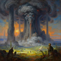beautiful vivid dangerous alien landscape with evil looming with giant columns of smoke, by roger dean, by anton fadeev, by albert bierstadt, magical realism, oil on canvas, soft render, octane, artstation