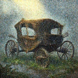 a broken down abandoned carriage, ornate, beautiful, atmosphere, vibe, mist, rain, wet, puddles, fern, flowers, concept art illustration, color page, tone mapping, akihiko yoshida, james jean, andrei riabovitchev, marc simonetti, yoshitaka amano, digital illustration, greg rutowski, volumetric lighting, sunbeams, particles