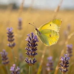 a yellow butterfly sitting on a purple lavender flower during golden hour, golden corn field in the background, high contrast, warm colors, hyperrealistic, high detail, oil painting by john constable,