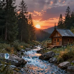 a painting of a sunset with a forest on the left, a crystalline stream in the center with rocks and a wood cabin on the right